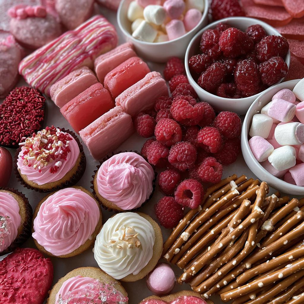 Overhead shot of a Valentine’s dessert snack board featuring pink cupcakes, macarons, raspberries, marshmallows, and pretzels.