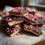 Stack of Valentine's Oreo bark pieces topped with festive sprinkles and chocolate.