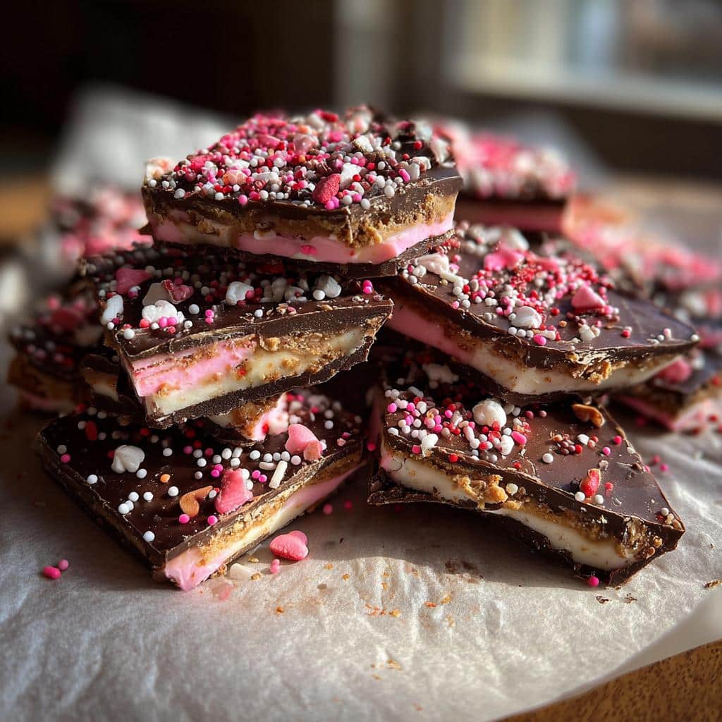 Stack of Valentine's Oreo bark pieces topped with festive sprinkles and chocolate.