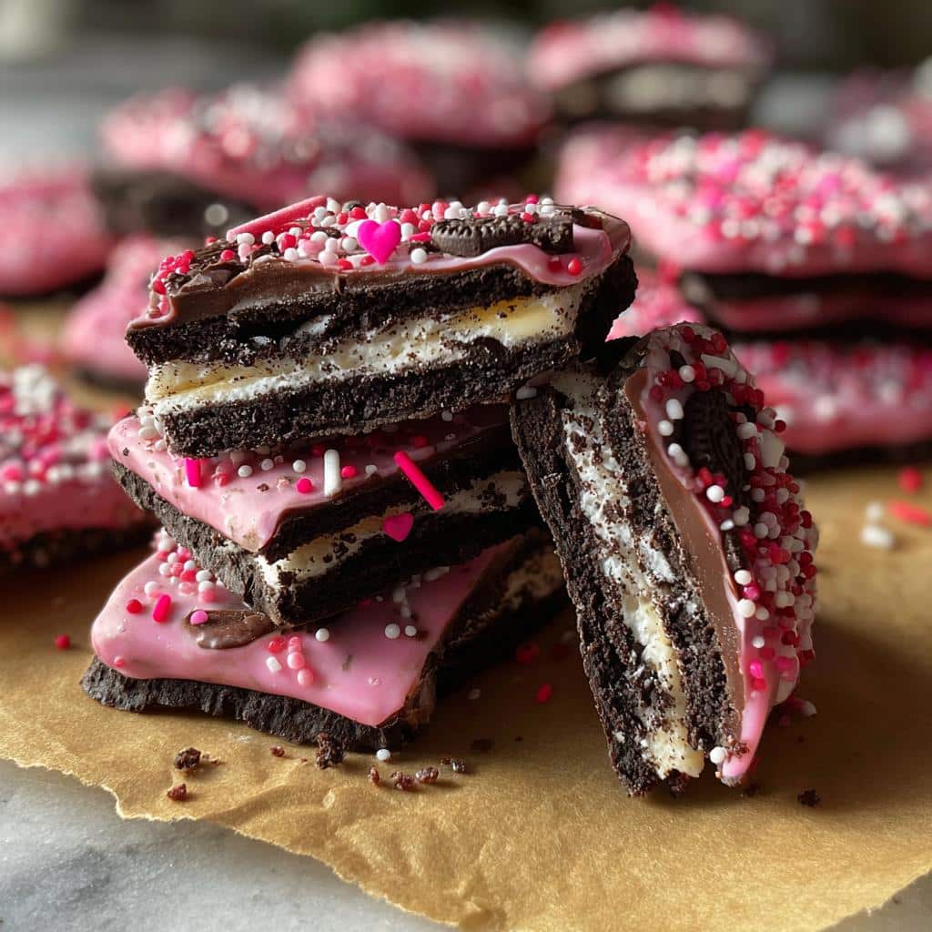 Stack of Valentine's Oreo bark pieces with pink chocolate, sprinkles, and heart decorations.