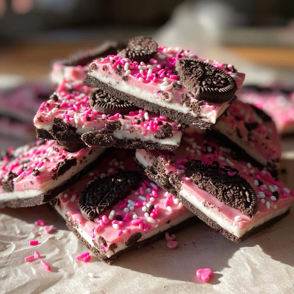 A stack of Valentine's Oreo bark pieces, featuring pink candy coating, sprinkles, and Oreo cookies.