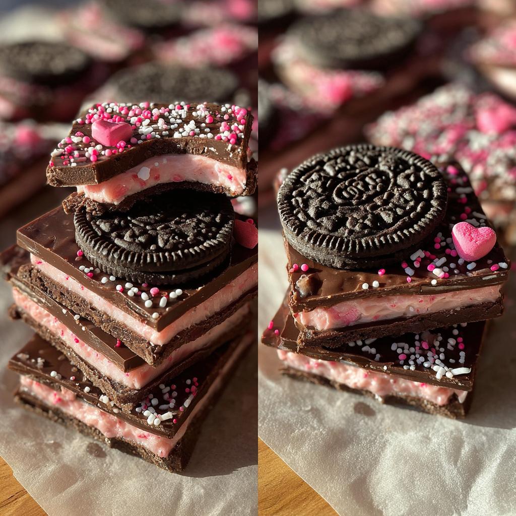 Stacked pieces of Valentine’s Oreo bark with pink filling, chocolate, Oreo cookies, and heart sprinkles.
