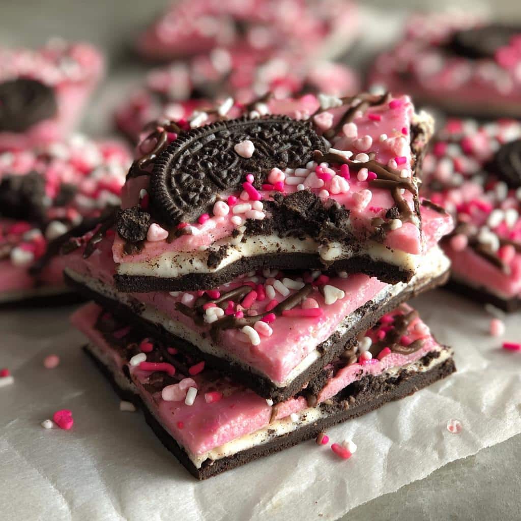Stack of Valentine's Oreo bark pieces topped with pink frosting, sprinkles, and an Oreo cookie.