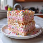 Two Valentine’s Rice Krispies treats stacked on a white plate, featuring pink and white layers and colorful sprinkles.