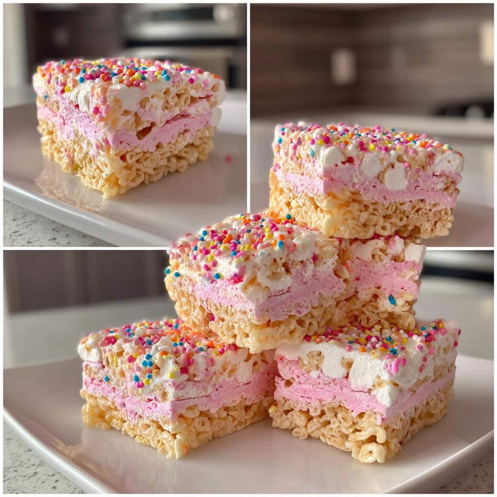 A stack of Valentine’s Rice Krispies treats with pink marshmallow filling and colorful sprinkles on a white plate.