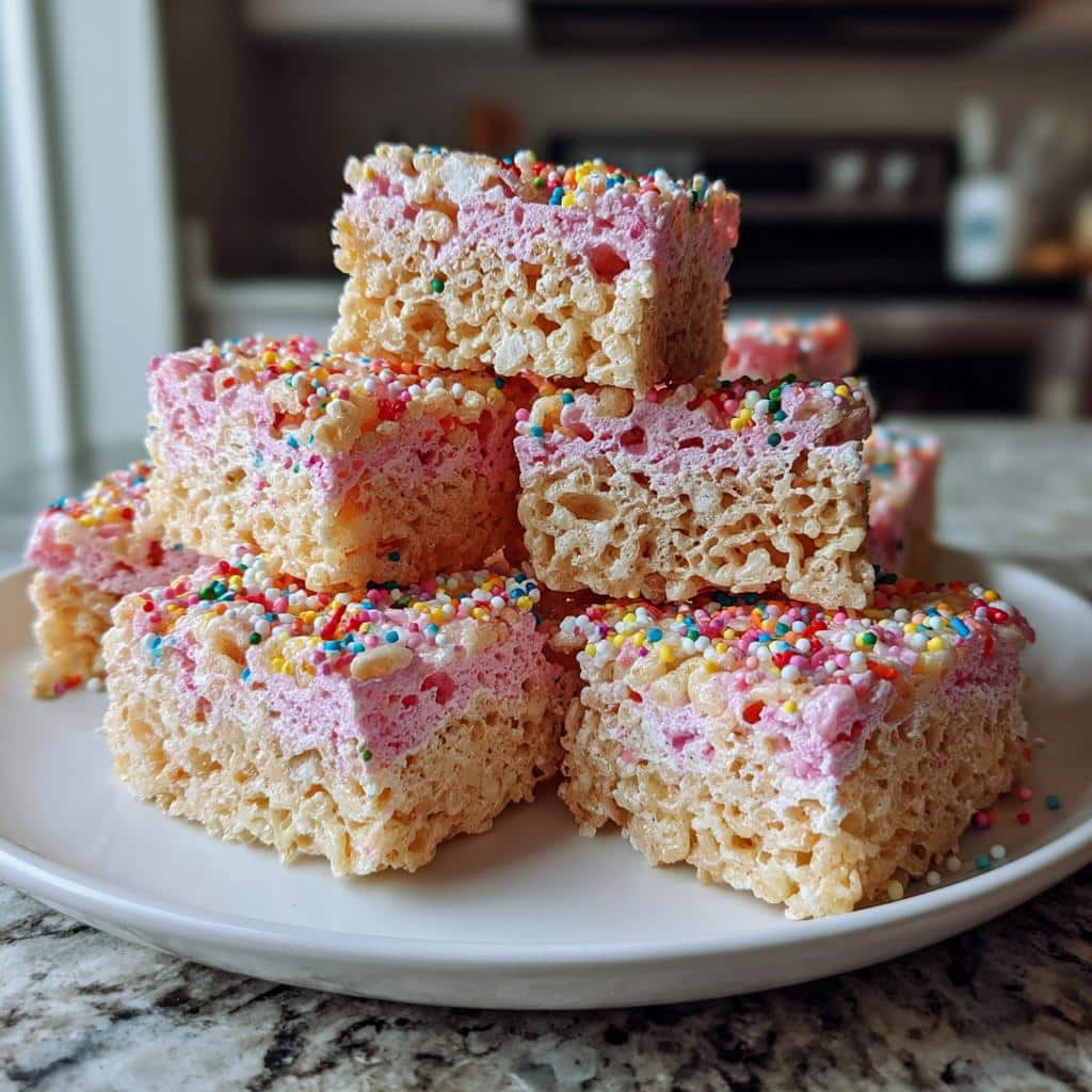 A stack of Valentine’s Rice Krispies treats with pink marshmallow and colorful sprinkles on a white plate.