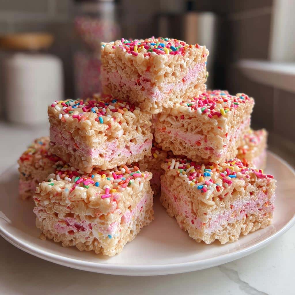 A stack of homemade Valentine’s Rice Krispies treats with pink marshmallow filling and colorful sprinkles.