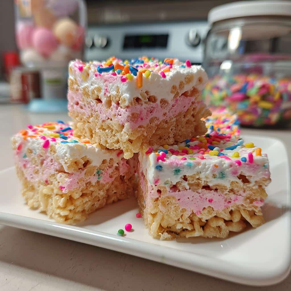 A stack of three Valentine’s Rice Krispies treats with pink marshmallow and colorful sprinkles.