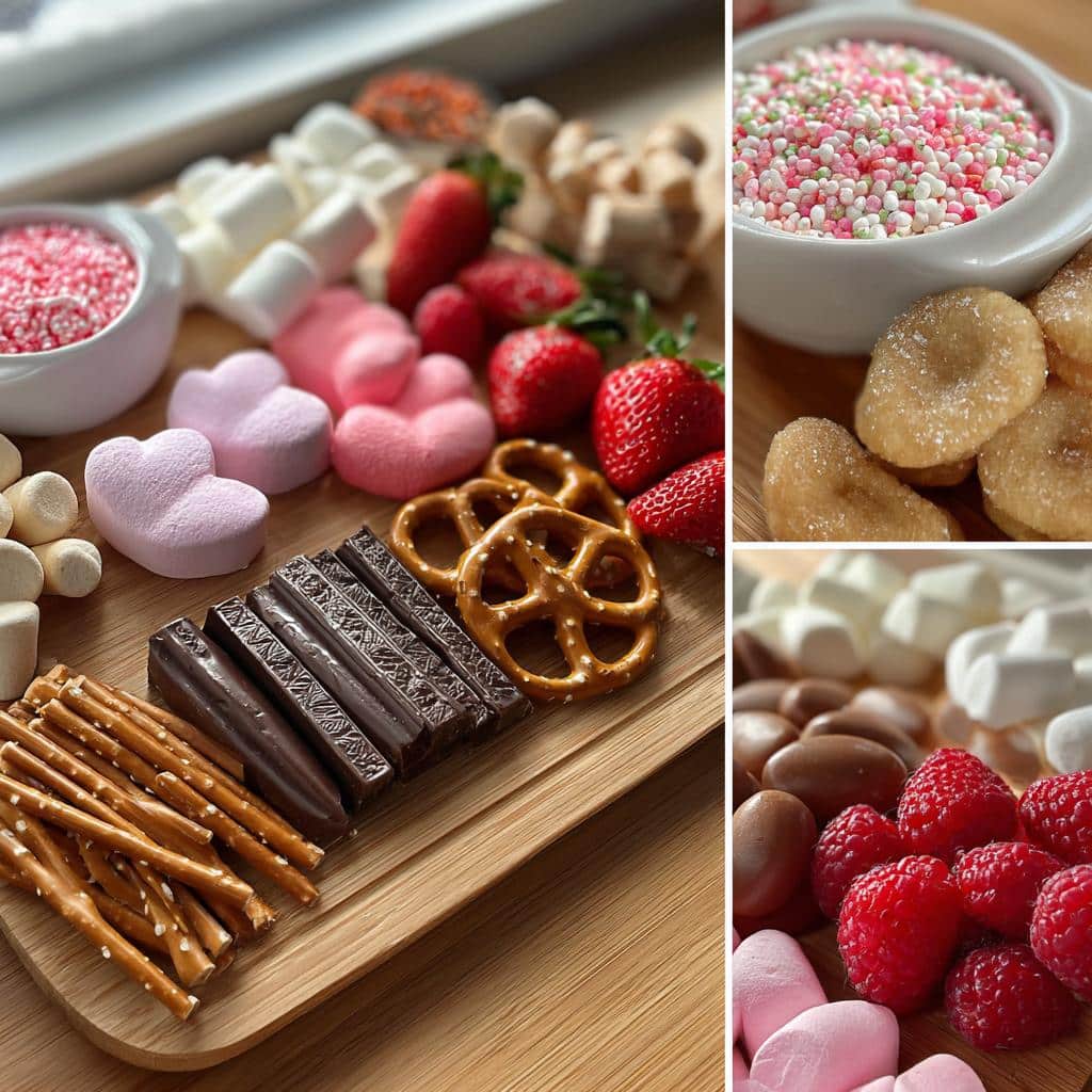 Close-up of a Valentine’s S’mores board with marshmallows, pretzels, chocolate, strawberries, raspberries, and sprinkles.