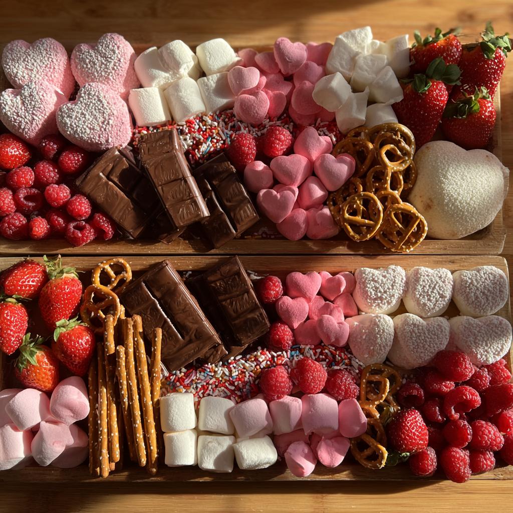 Two Valentine’s S’mores board filled with heart-shaped marshmallows, chocolate, pretzels, raspberries, and strawberries.