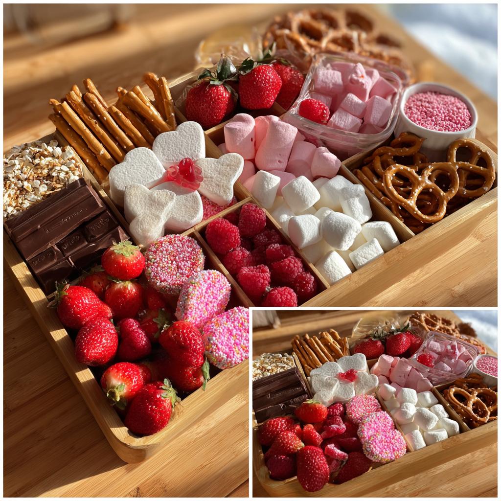 A Valentine’s S’mores board filled with marshmallows, chocolate, strawberries, raspberries, pretzels, and sprinkles.