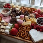 A beautiful Vegan Valentine charcuterie board filled with fruits, chocolates, pretzels, and other treats.