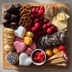 Overhead shot of a Vegan Valentine charcuterie board featuring chocolates, raspberries, crackers, and heart-shaped marshmallows.