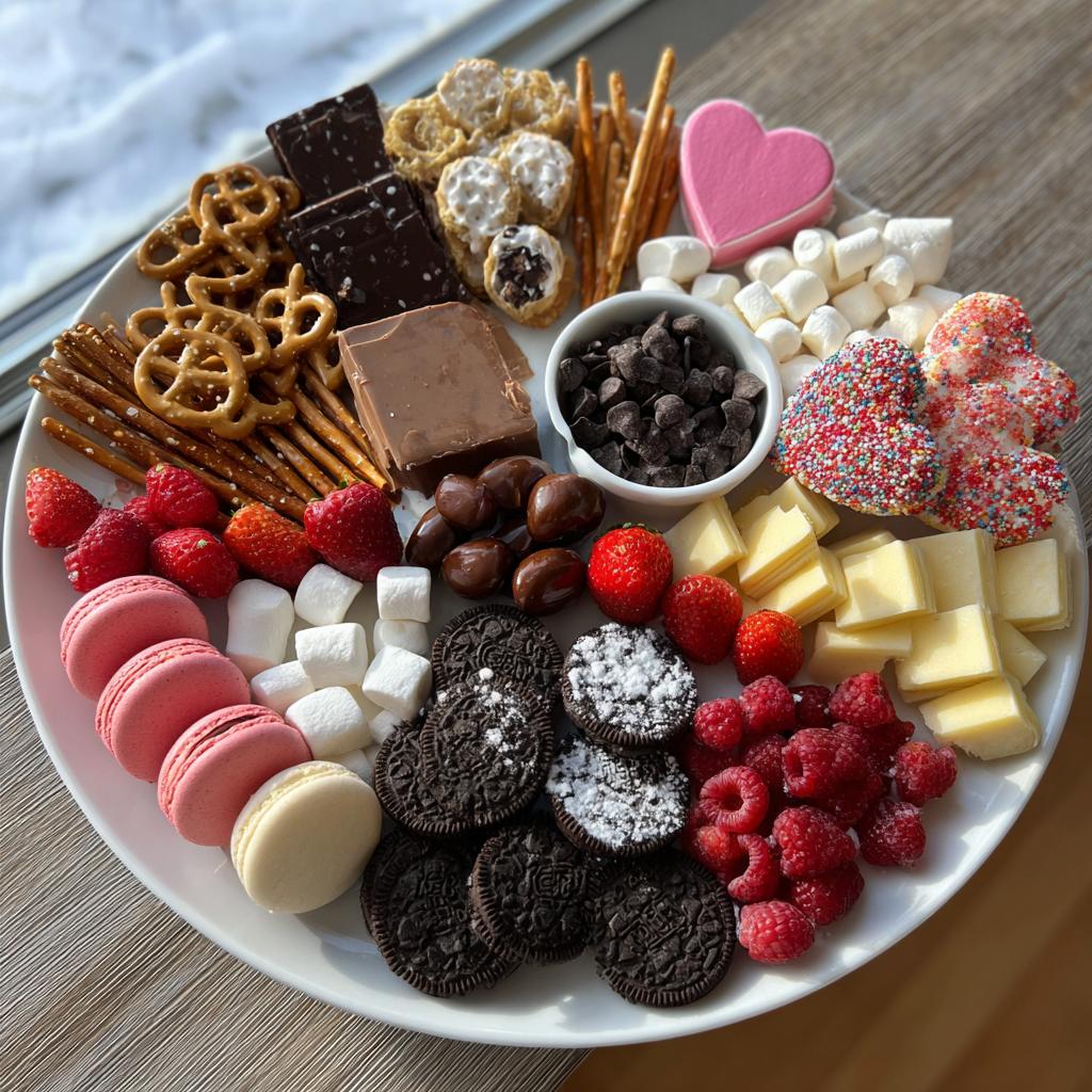 Festive Vegan Valentine charcuterie board featuring vegan chocolates, cookies, fruit, and marshmallows.