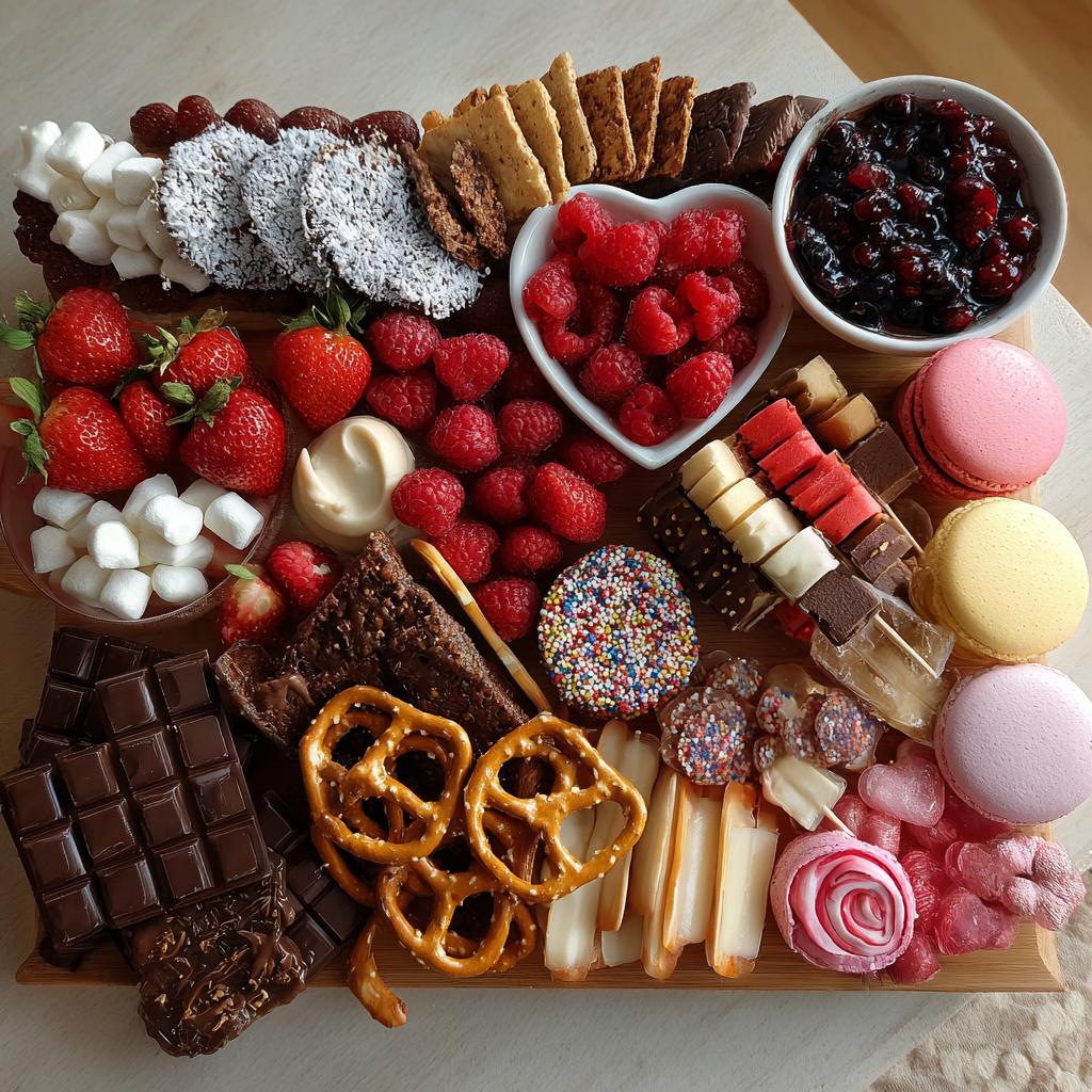 Festive Vegan Valentine charcuterie board with fruits, chocolates, pretzels, and other treats arranged on a wooden board.