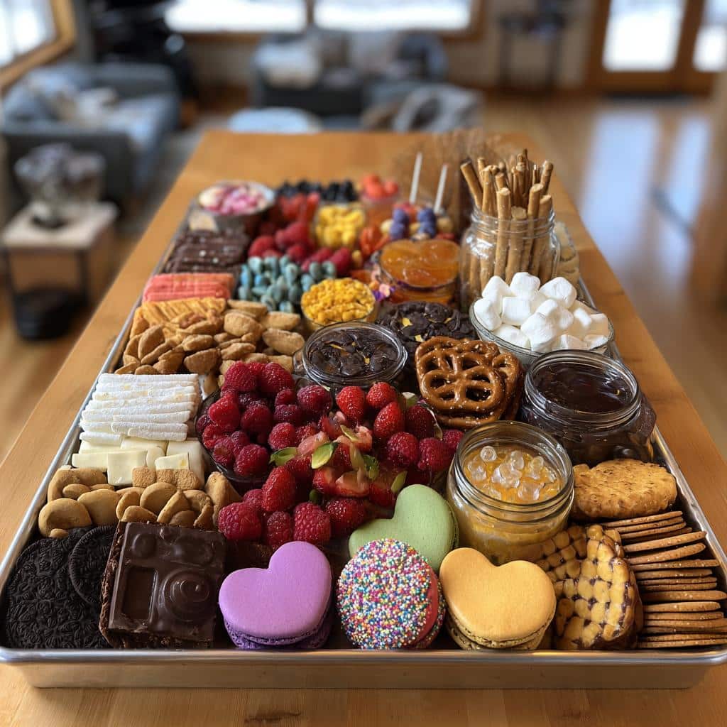 A beautiful Vegan Valentine charcuterie board filled with colorful fruits, vegan cheeses, chocolates, and heart-shaped macarons.