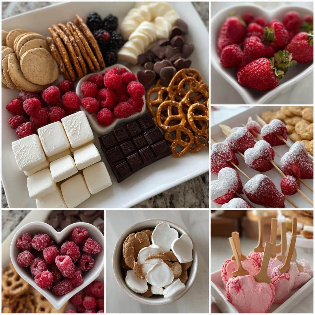 A beautiful Vegan Valentine charcuterie board filled with fruit, chocolate, pretzels, and marshmallows.