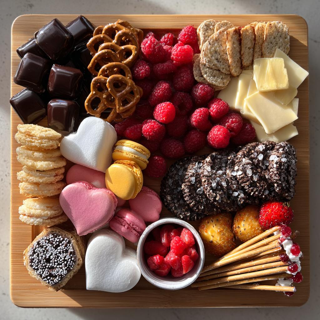 Overhead shot of a Vegan Valentine charcuterie board featuring chocolates, raspberries, crackers, and heart-shaped marshmallows.
